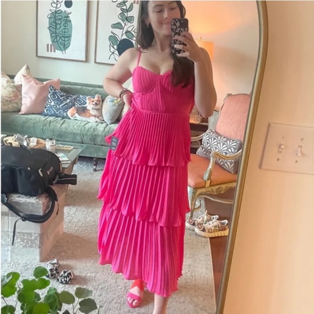 Lulus Cascading Crush Hot Pink Tiered Bustier Midi Dress - Picture 15 of 15